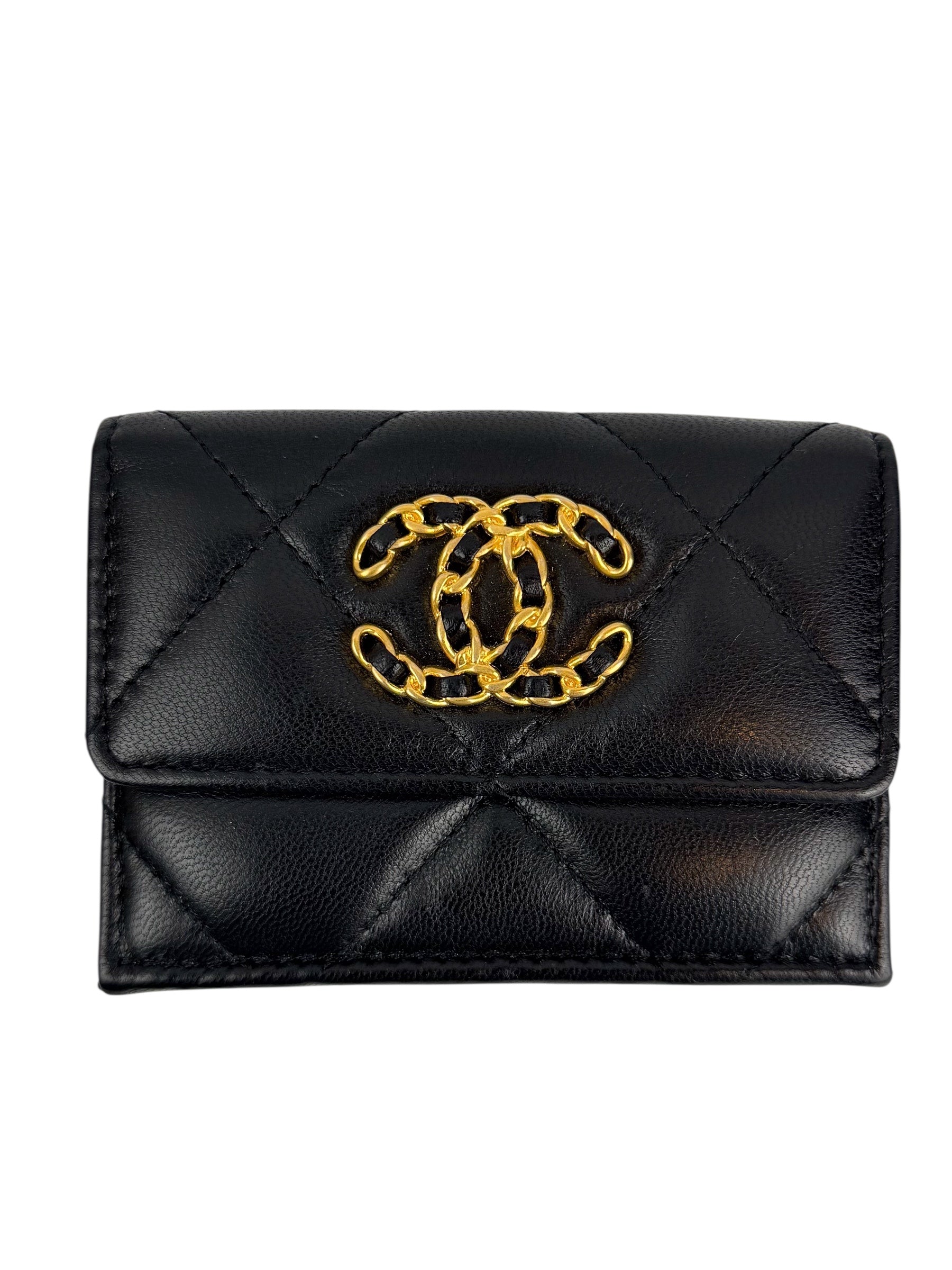 chanel-black-lambskin-quilted-chanel-19-compact-wallet-0