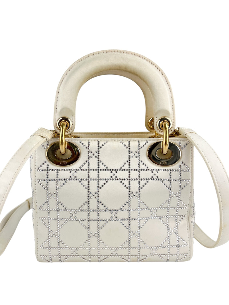 Dior Off White Satin Rhinestone Lady Dior Mini