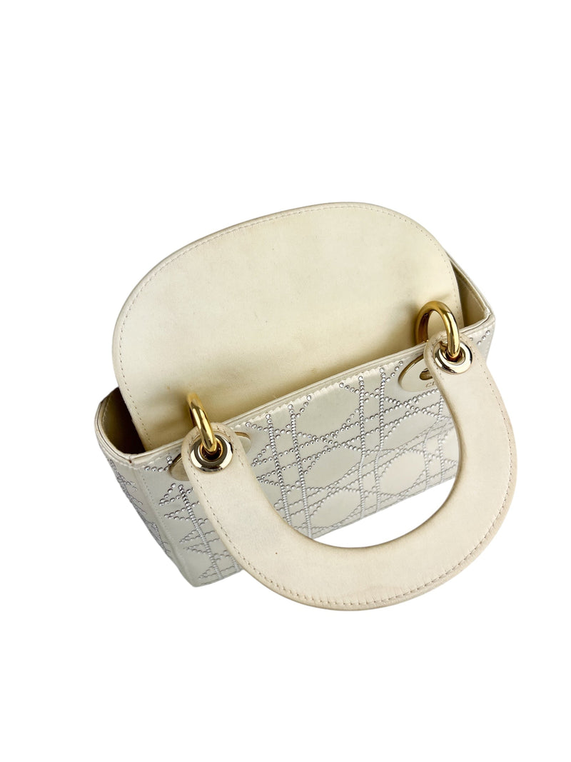 Dior Off White Satin Rhinestone Lady Dior Mini