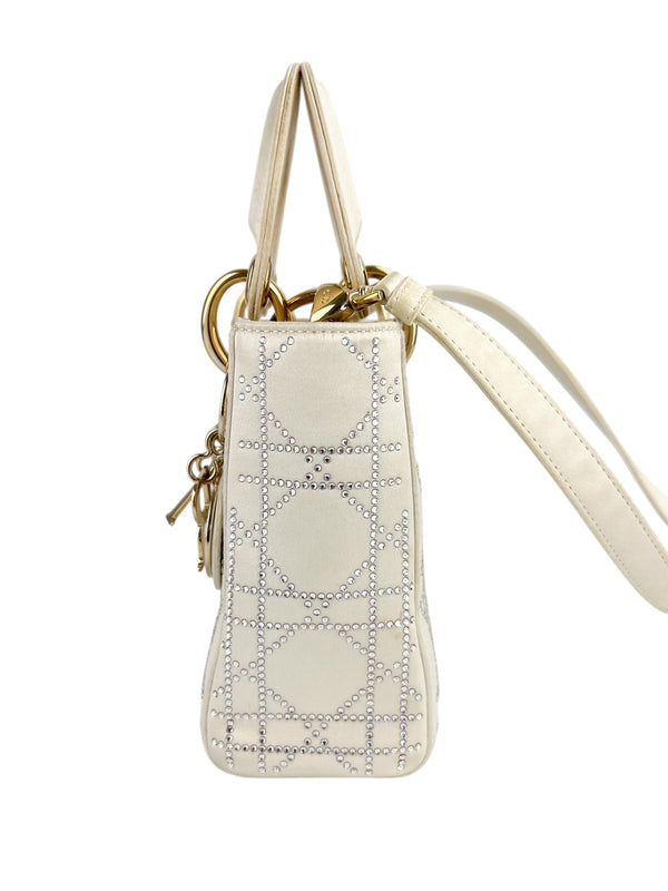 Dior Off White Satin Rhinestone Lady Dior Mini