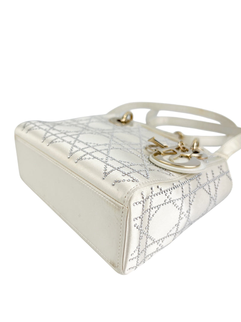 Dior Off White Satin Rhinestone Lady Dior Mini