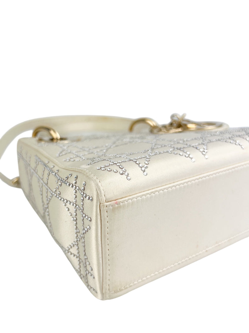 Dior Off White Satin Rhinestone Lady Dior Mini
