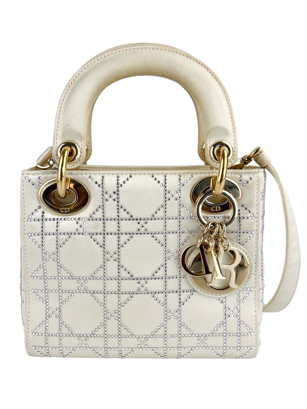 Dior Off White Satin Rhinestone Lady Dior Mini