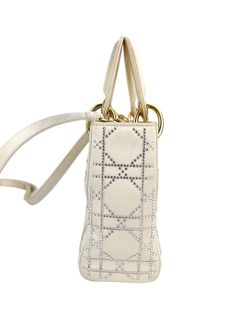 Dior Off White Satin Rhinestone Lady Dior Mini