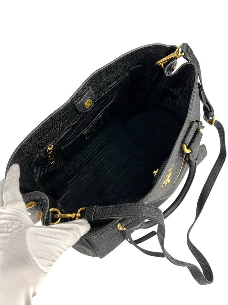 Prada Large Black Pebbled Leather Zip Front Tote
