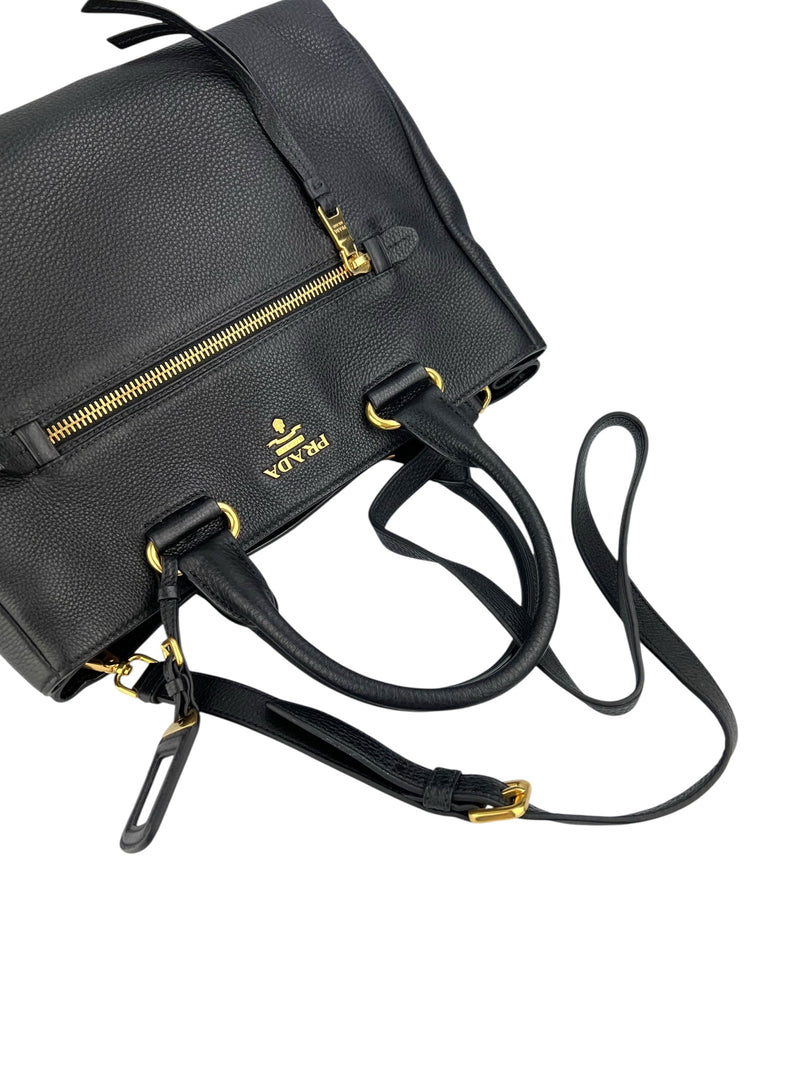 Prada Large Black Pebbled Leather Zip Front Tote