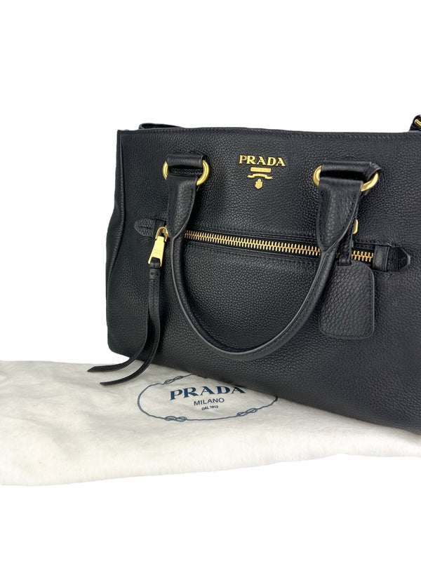 Prada Large Black Pebbled Leather Zip Front Tote