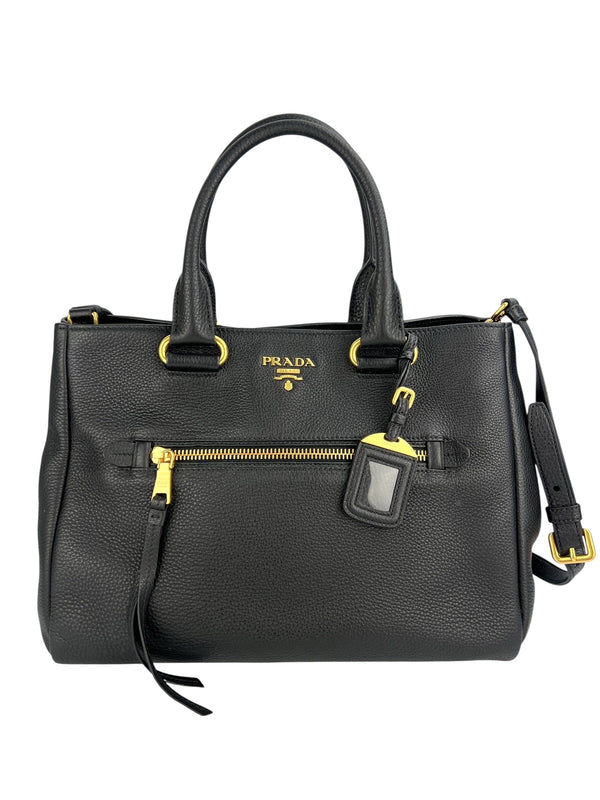 Prada Large Black Pebbled Leather Zip Front Tote