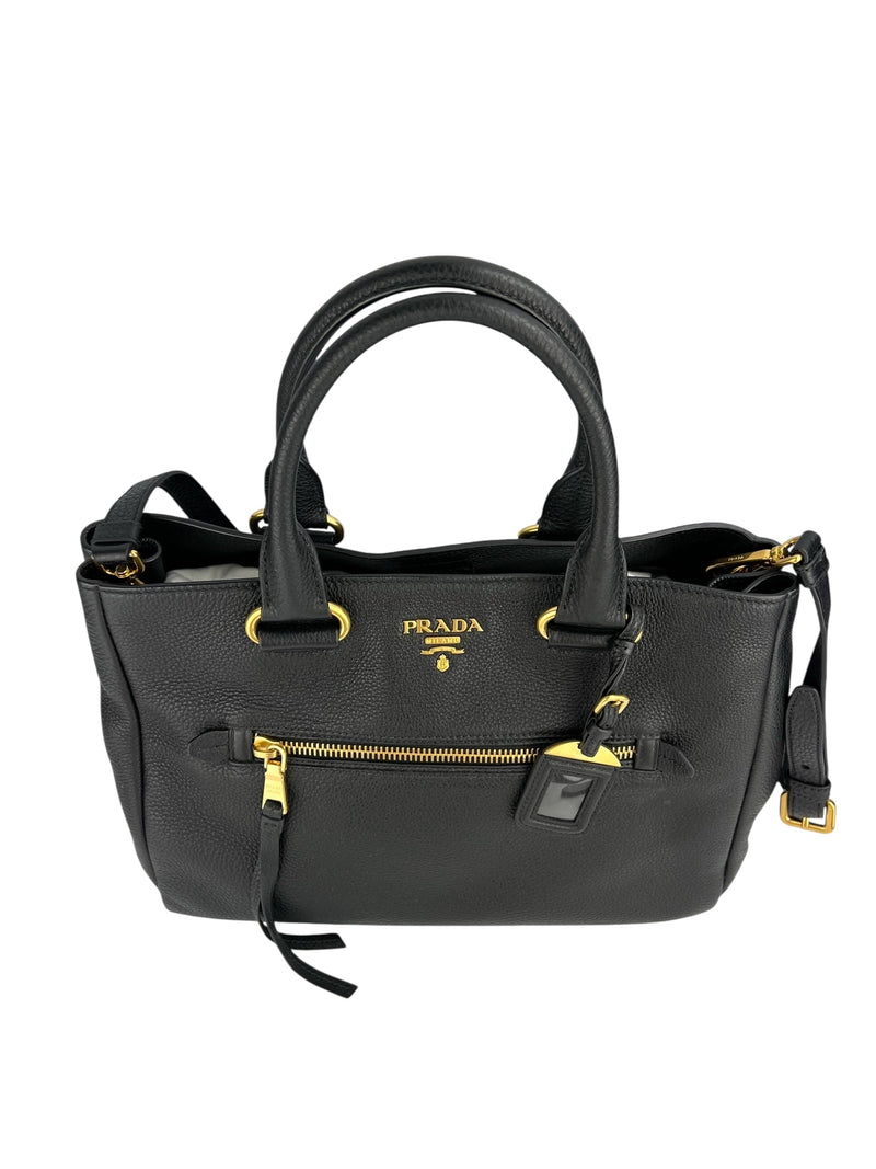 Prada Large Black Pebbled Leather Zip Front Tote