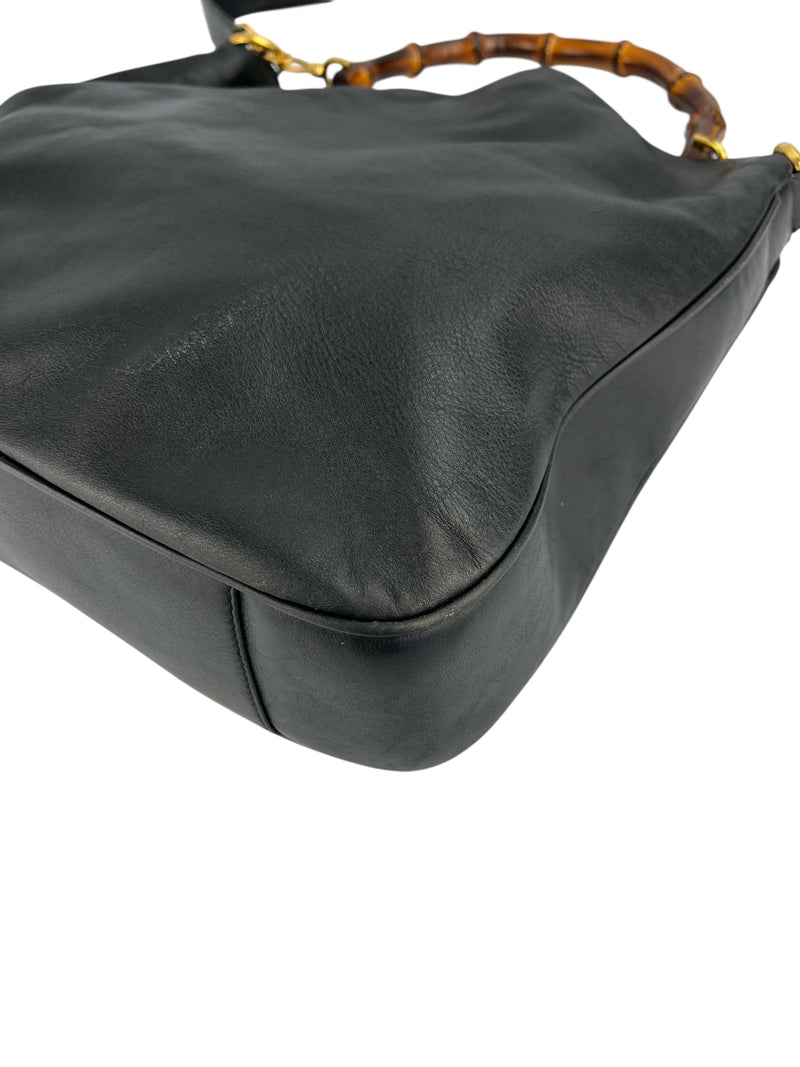 Gucci Black Leather Vintage Bamboo Two Way Hobo