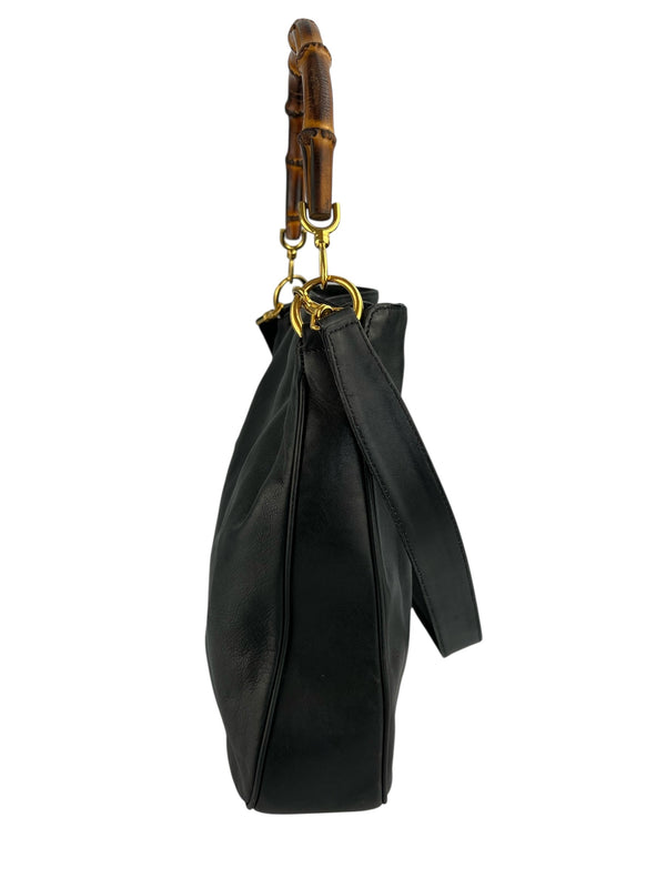 Gucci Black Leather Vintage Bamboo Two Way Hobo