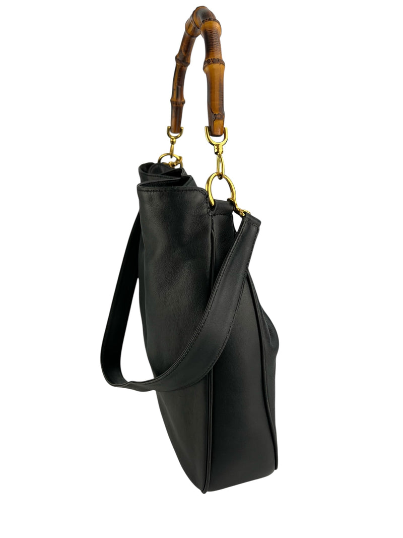 Gucci Black Leather Vintage Bamboo Two Way Hobo