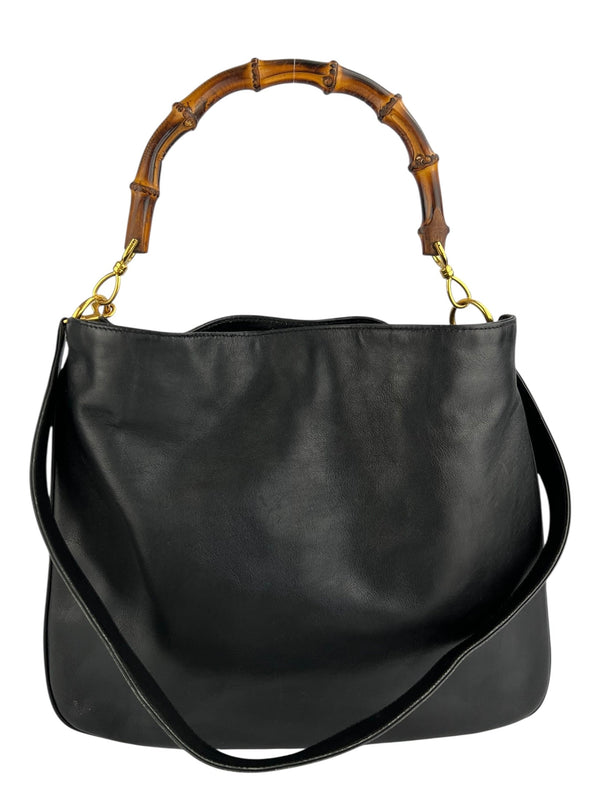 Gucci Black Leather Vintage Bamboo Two Way Hobo