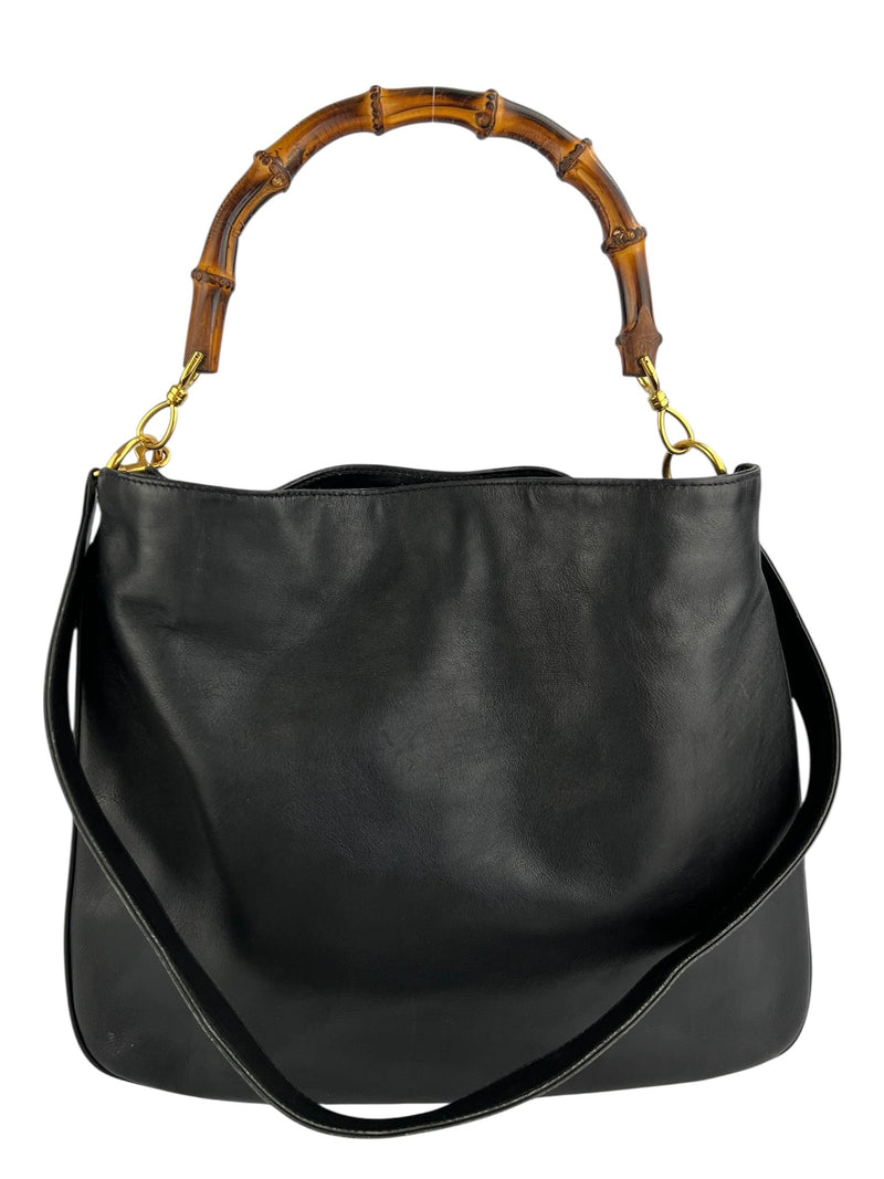Gucci Black Leather Vintage Bamboo Two Way Hobo
