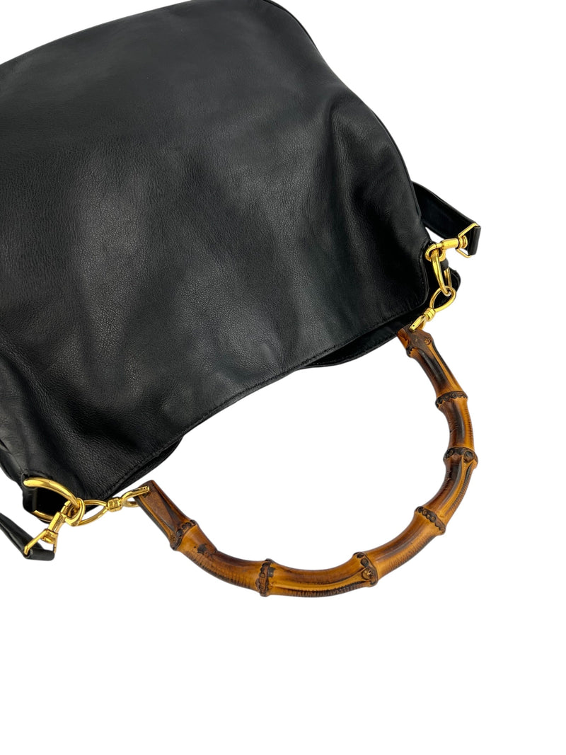 Gucci Black Leather Vintage Bamboo Two Way Hobo