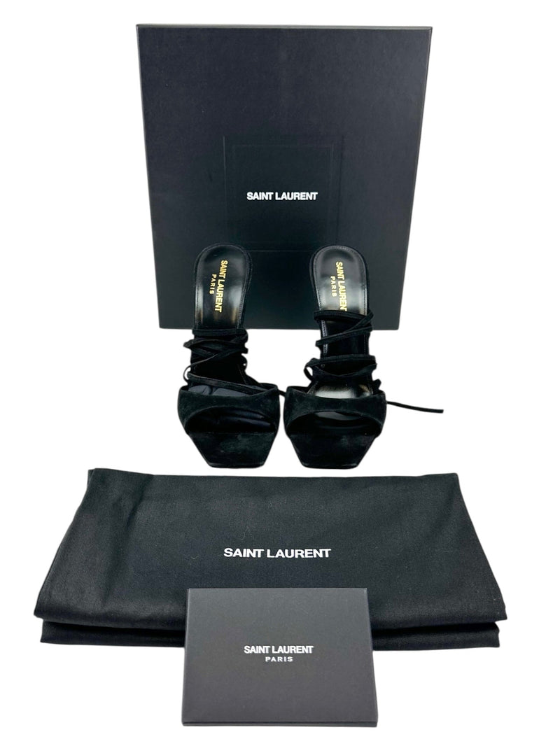 Saint Laurent Black Paz 105 Leather Sandals with Ankle Laces Size 38.5