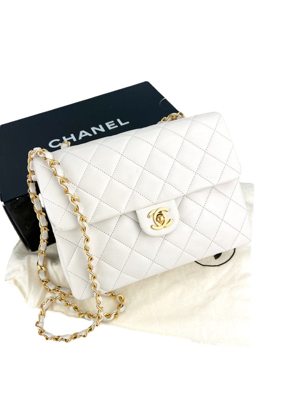 Chanel White Lambskin Vintage Small Square Classic Flap