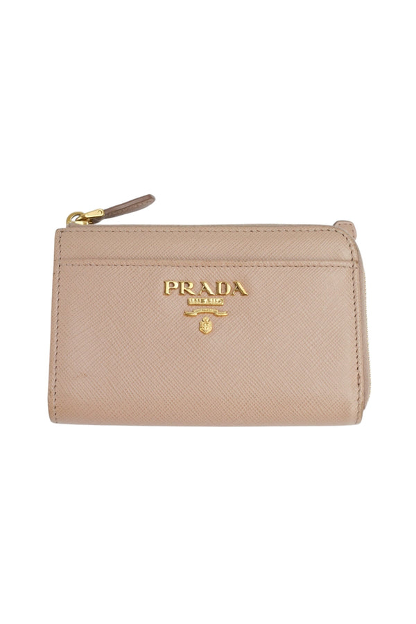 Prada Beige Saffiano Leather Zip Key Compact Wallet