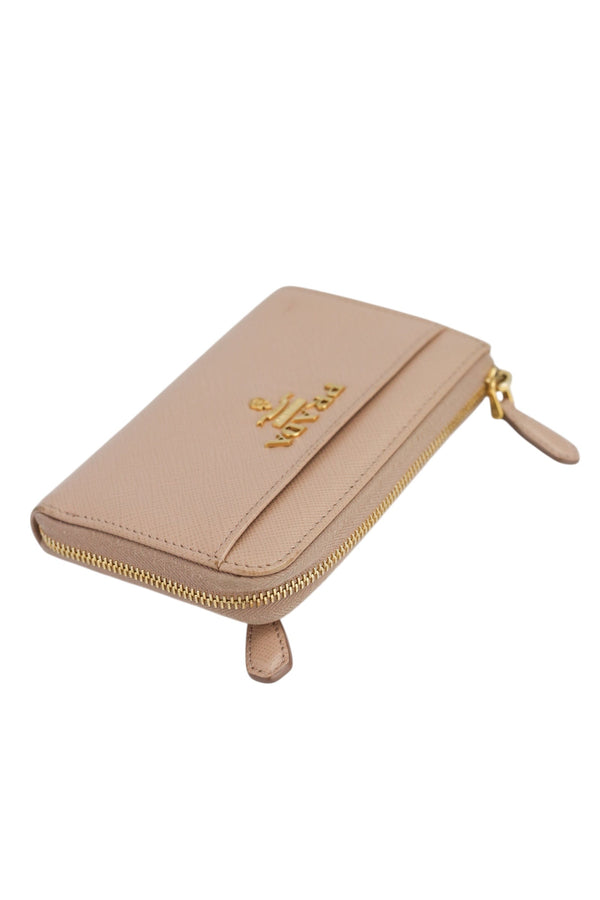 Prada Beige Saffiano Leather Zip Key Compact Wallet