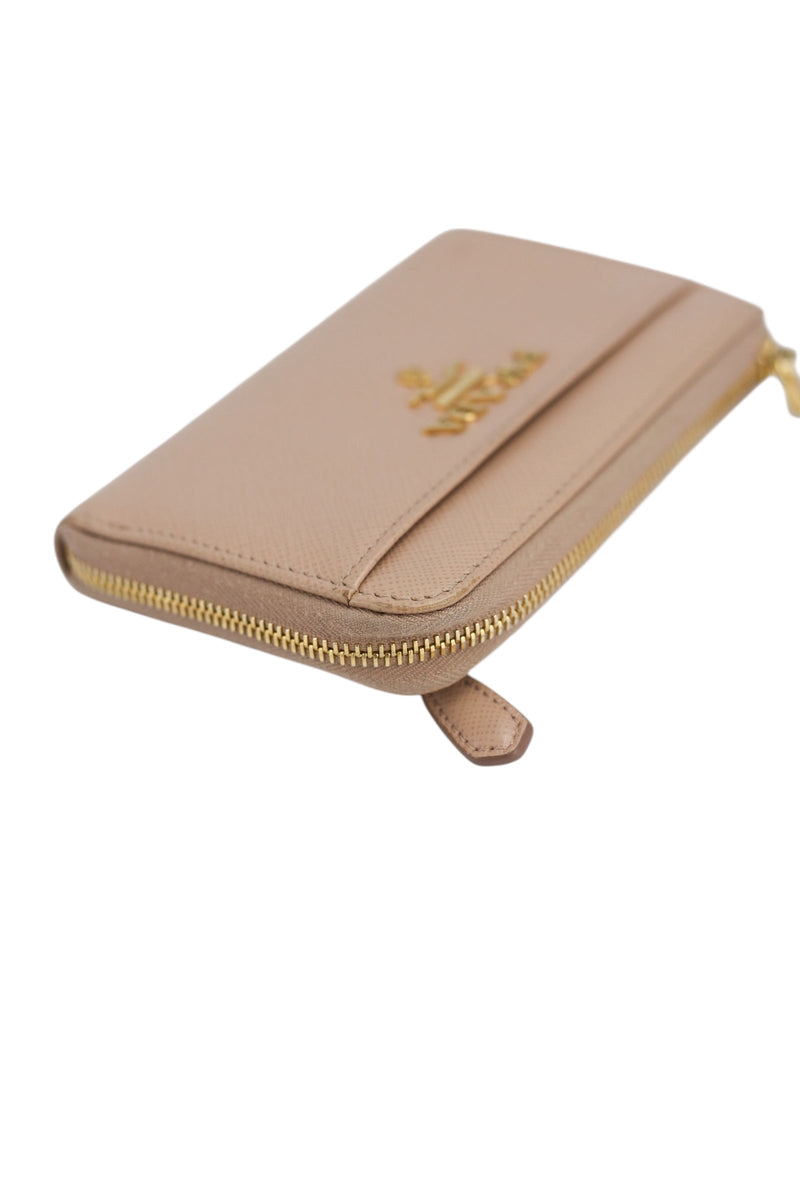 Prada Beige Saffiano Leather Zip Key Compact Wallet