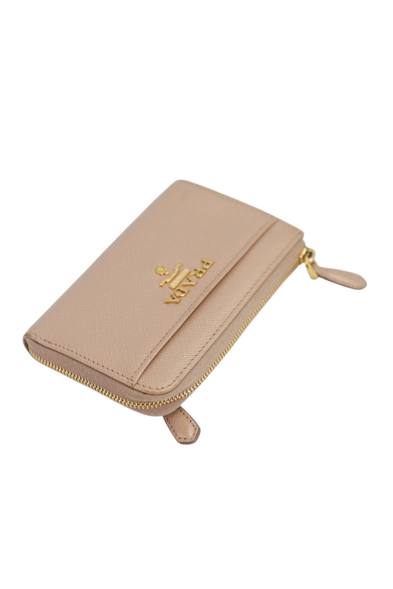 Prada Beige Saffiano Leather Zip Key Compact Wallet