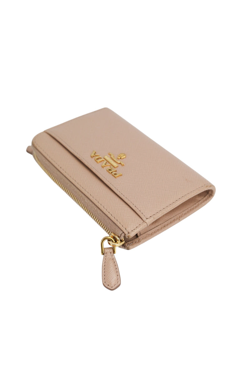 Prada Beige Saffiano Leather Zip Key Compact Wallet