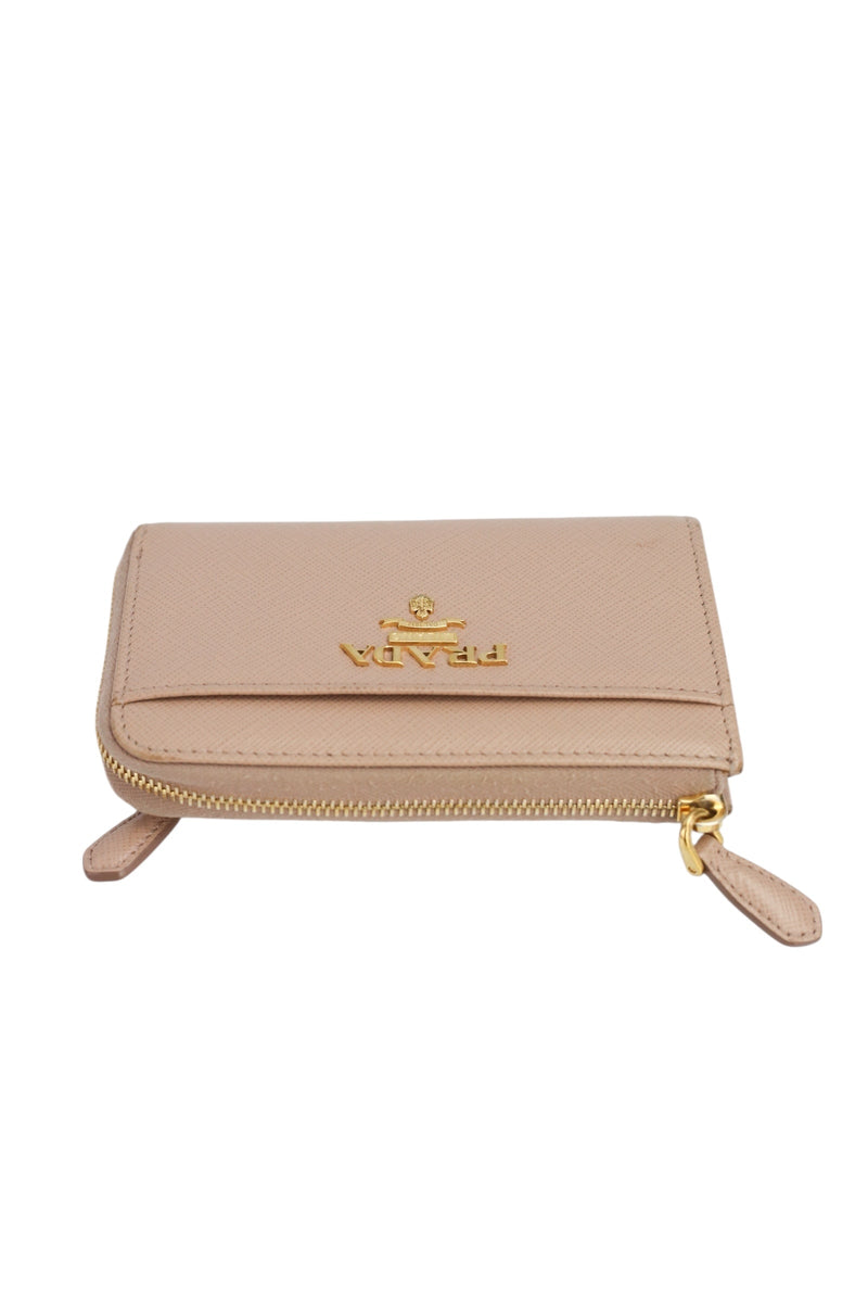Prada Beige Saffiano Leather Zip Key Compact Wallet