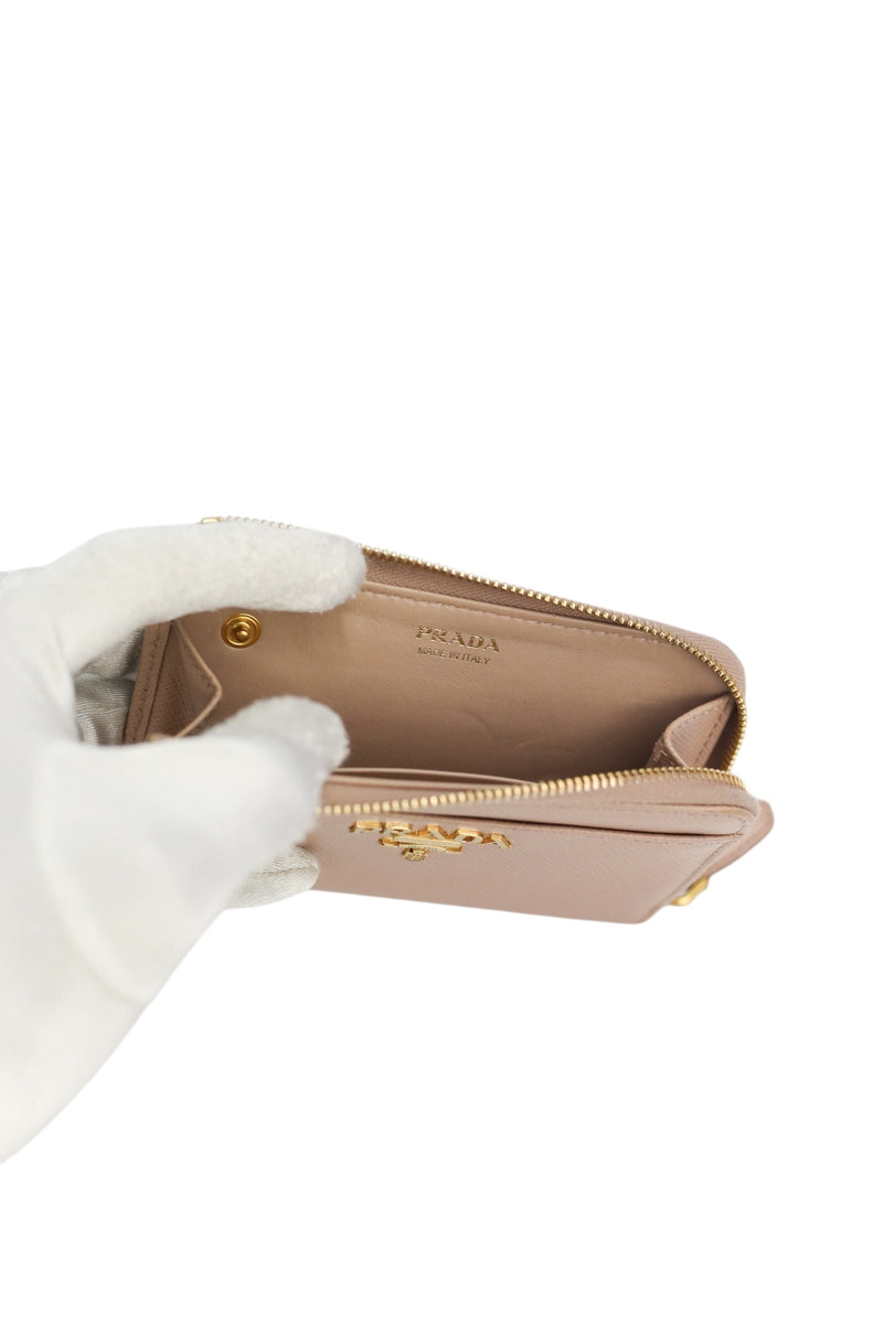 Prada Beige Saffiano Leather Zip Key Compact Wallet