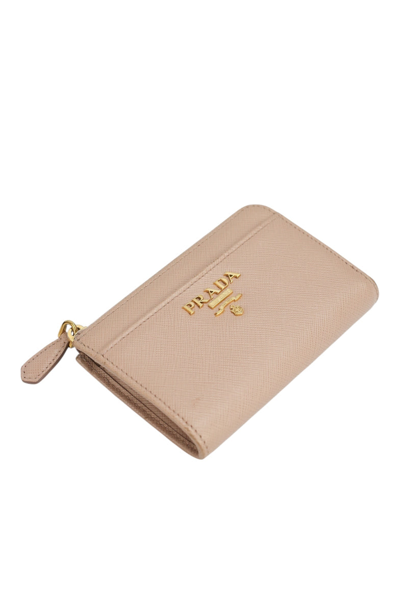 Prada Beige Saffiano Leather Zip Key Compact Wallet