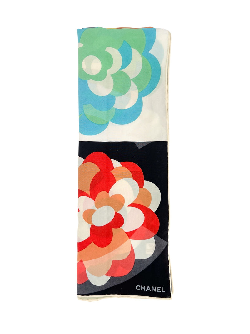 Chanel Multi-Color Camellia Silk Scarf W/ Box