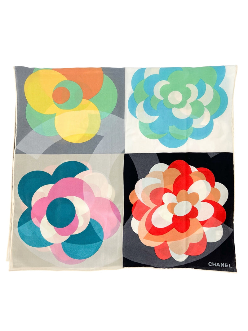 Chanel Multi-Color Camellia Silk Scarf W/ Box