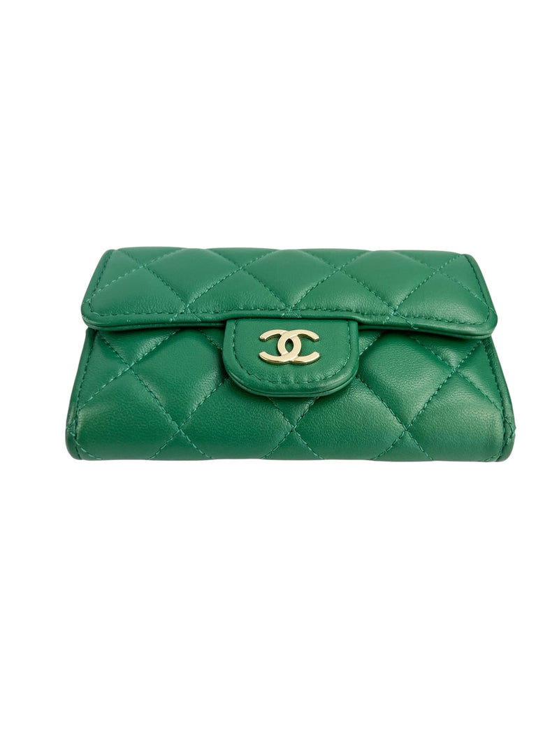 Chanel Green Lambskin Card Wallet Full Set