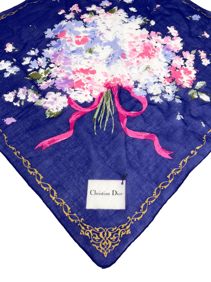 Christian Dior Vintage Blue Bow Floral Scarf