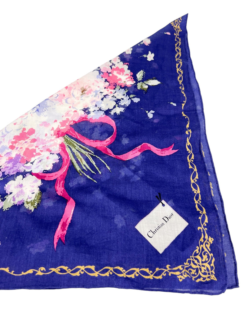 Christian Dior Vintage Blue Bow Floral Scarf