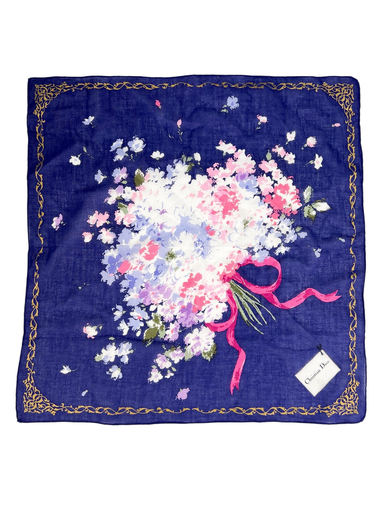 Christian Dior Vintage Blue Bow Floral Scarf