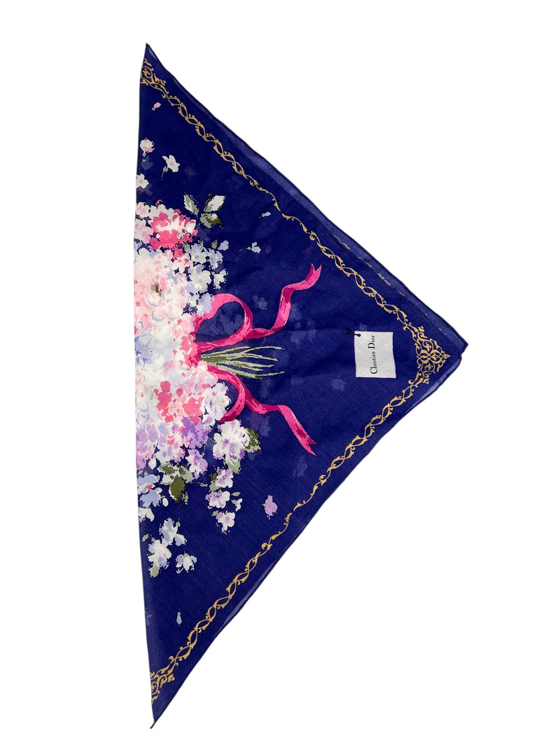 Christian Dior Vintage Blue Bow Floral Scarf