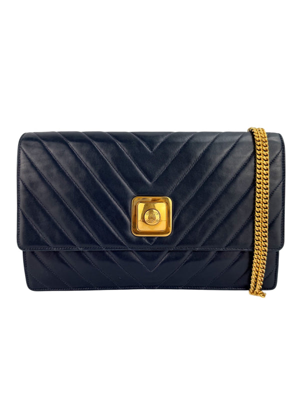 Chanel Vintage Navy Chevron Lambskin Flap