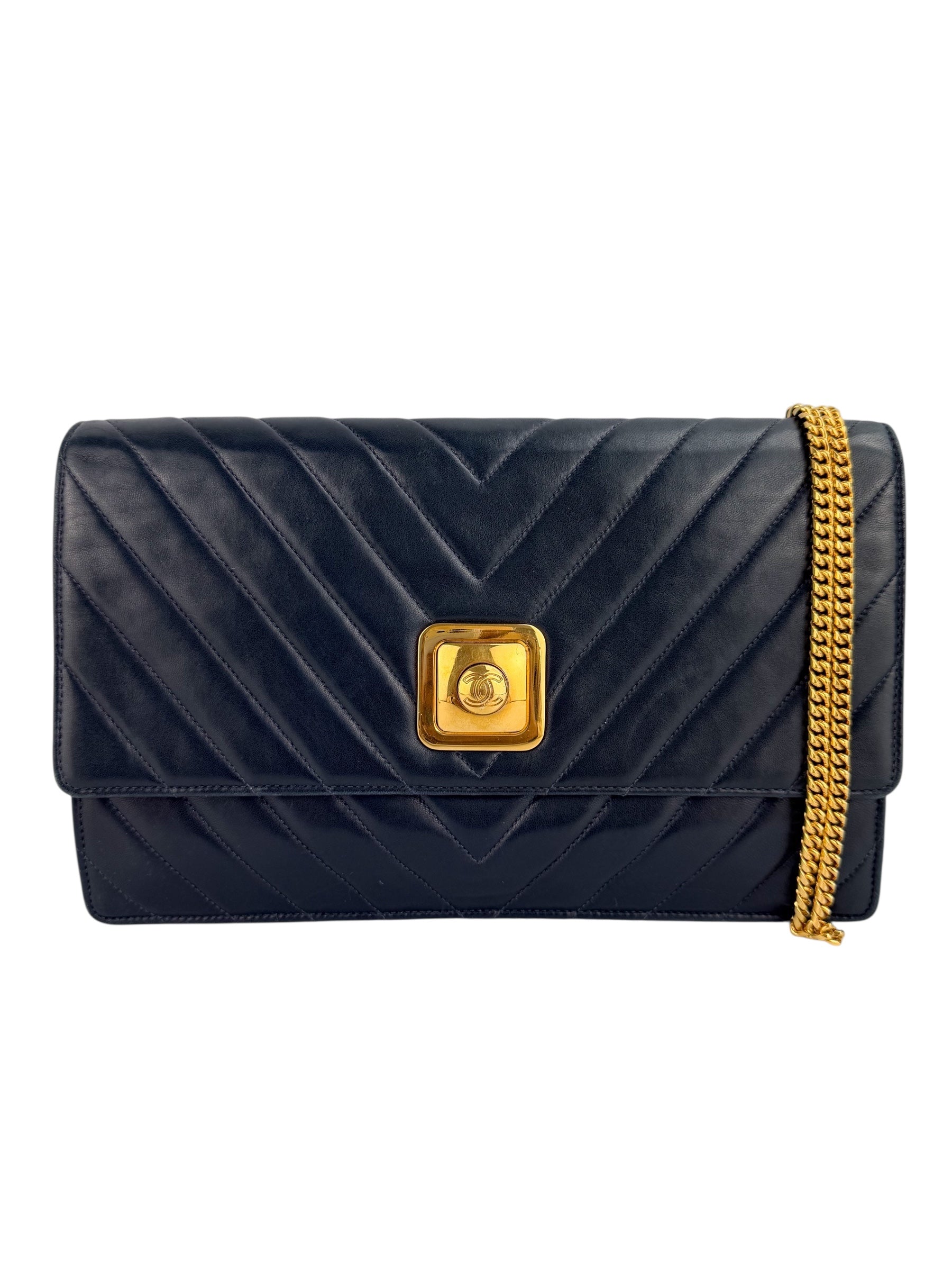 Chanel Vintage Navy Chevron Lambskin Flap