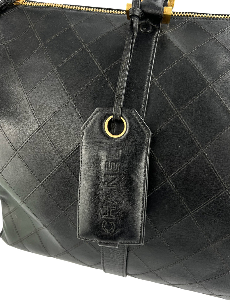 Chanel Vintage Black Leather Quilted Duffle Bag