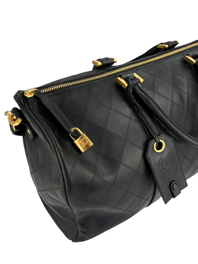 Chanel Vintage Black Leather Quilted Duffle Bag