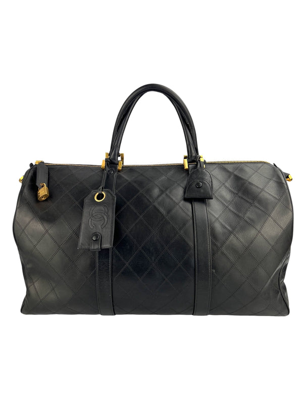 Chanel Vintage Black Leather Quilted Duffle Bag
