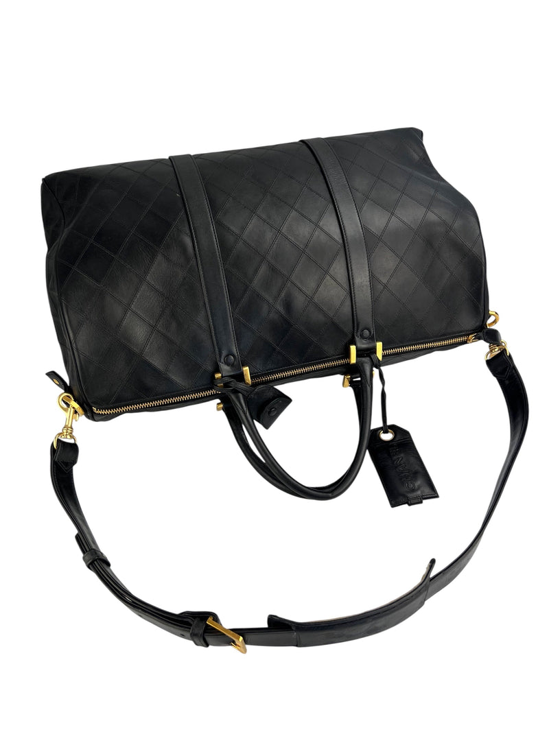 Chanel Vintage Black Leather Quilted Duffle Bag