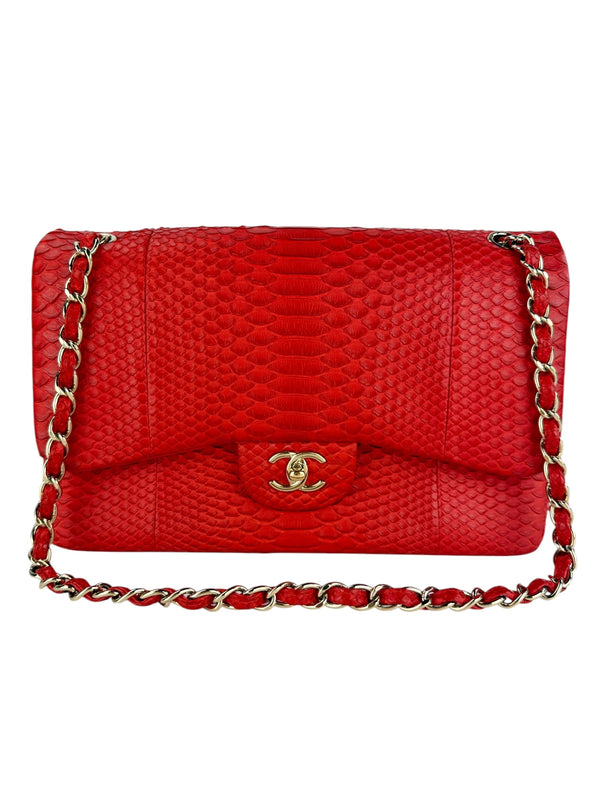 Chanel Red Python Jumbo Double Flap Handbag