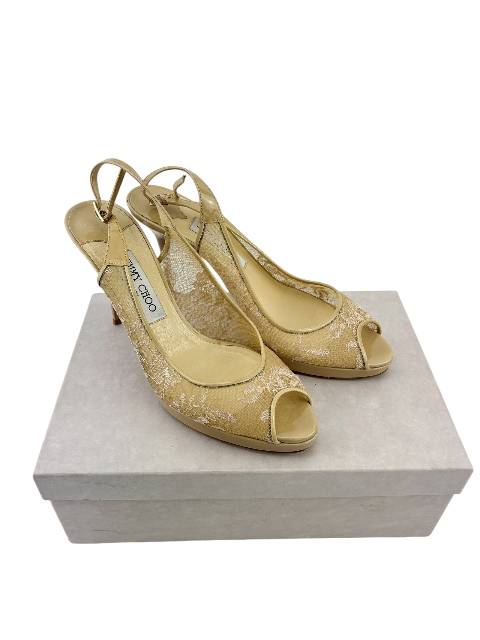 Jimmy Choo Cream Patent and Lace Peep Toe Slingback Heels Size 39.5 Season 2 Consign