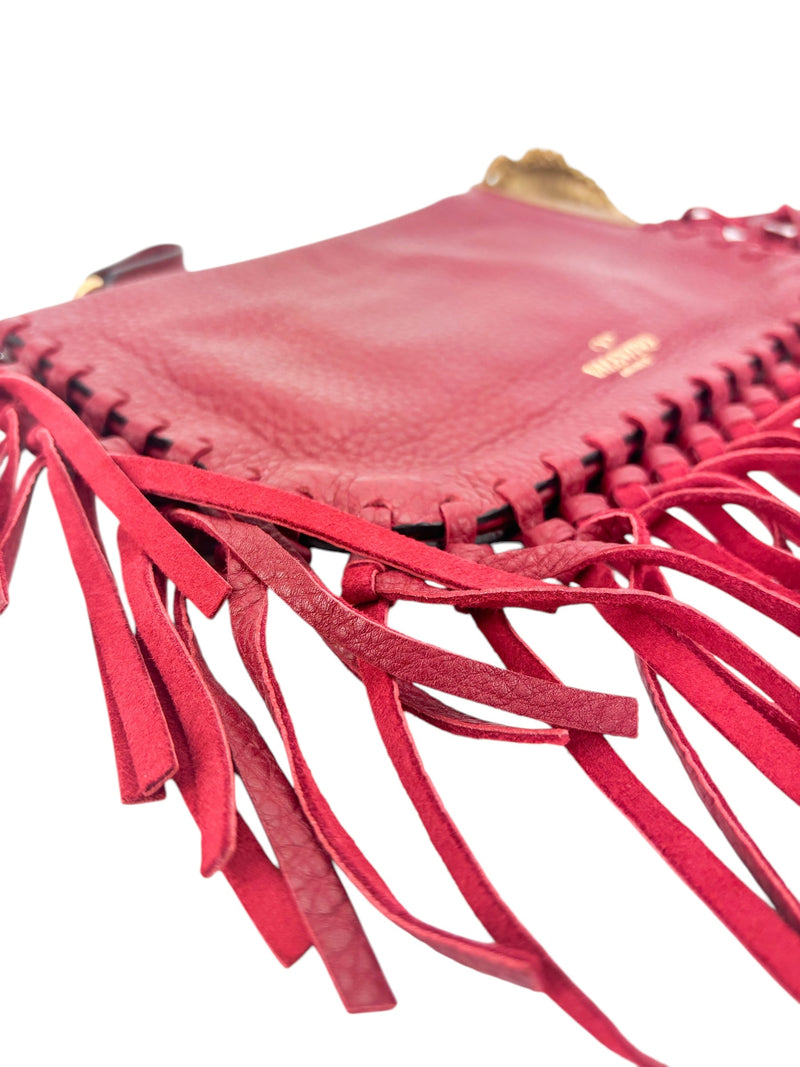 Valentino Red Grained Calfskin Fringe Clutch