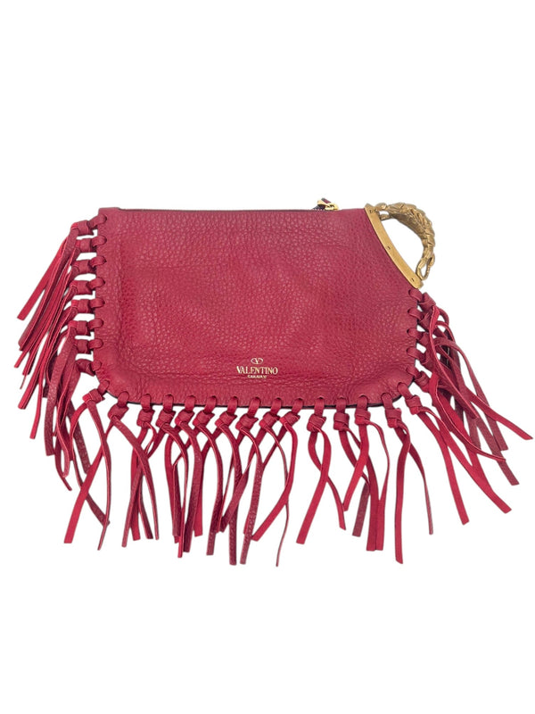 Valentino Red Grained Calfskin Fringe Clutch
