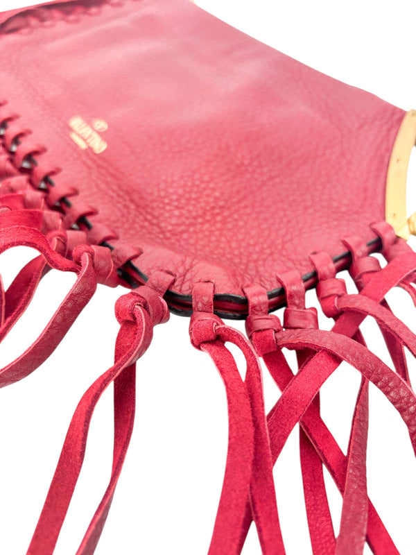 Valentino Red Grained Calfskin Fringe Clutch