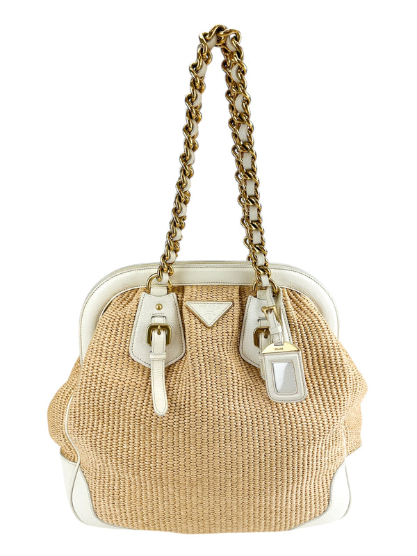 Prada Raffia White Leather Bag