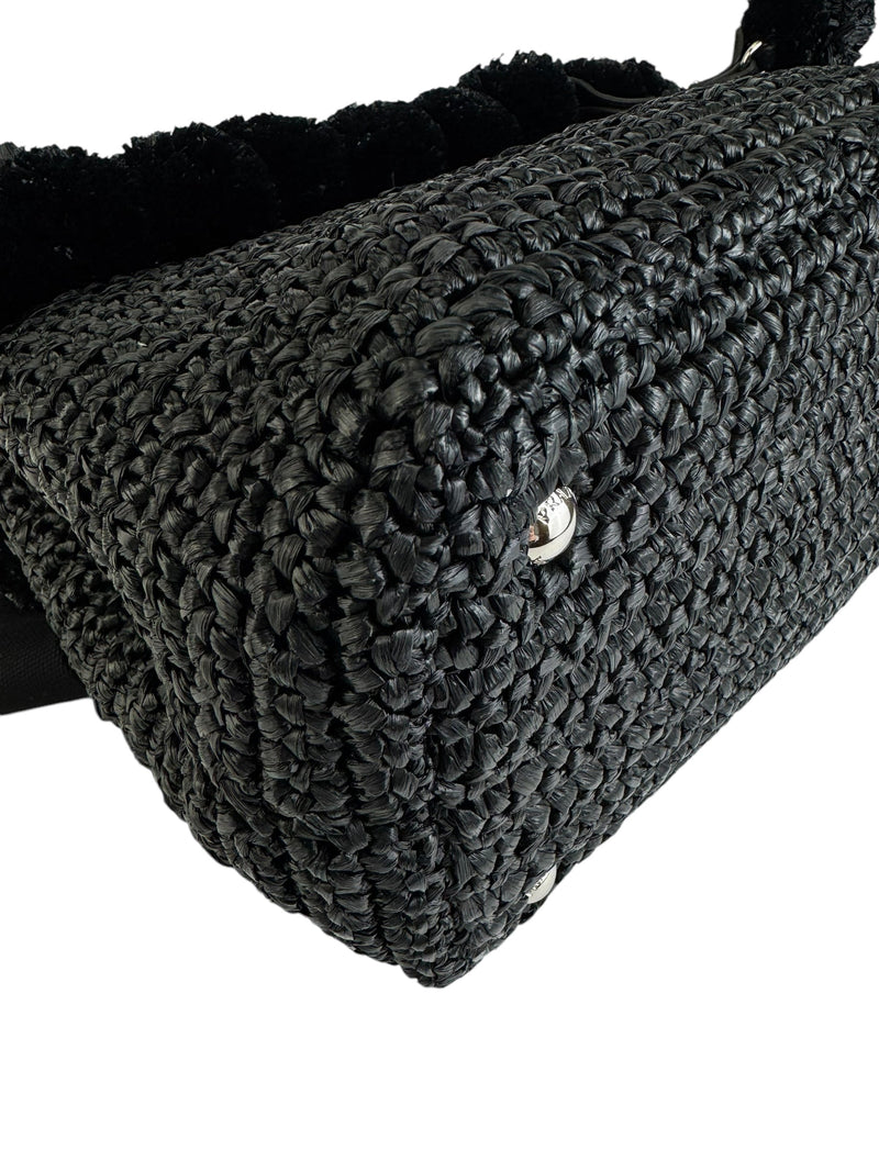 Prada Black Raffia Bag W/ Pom Poms and Strap