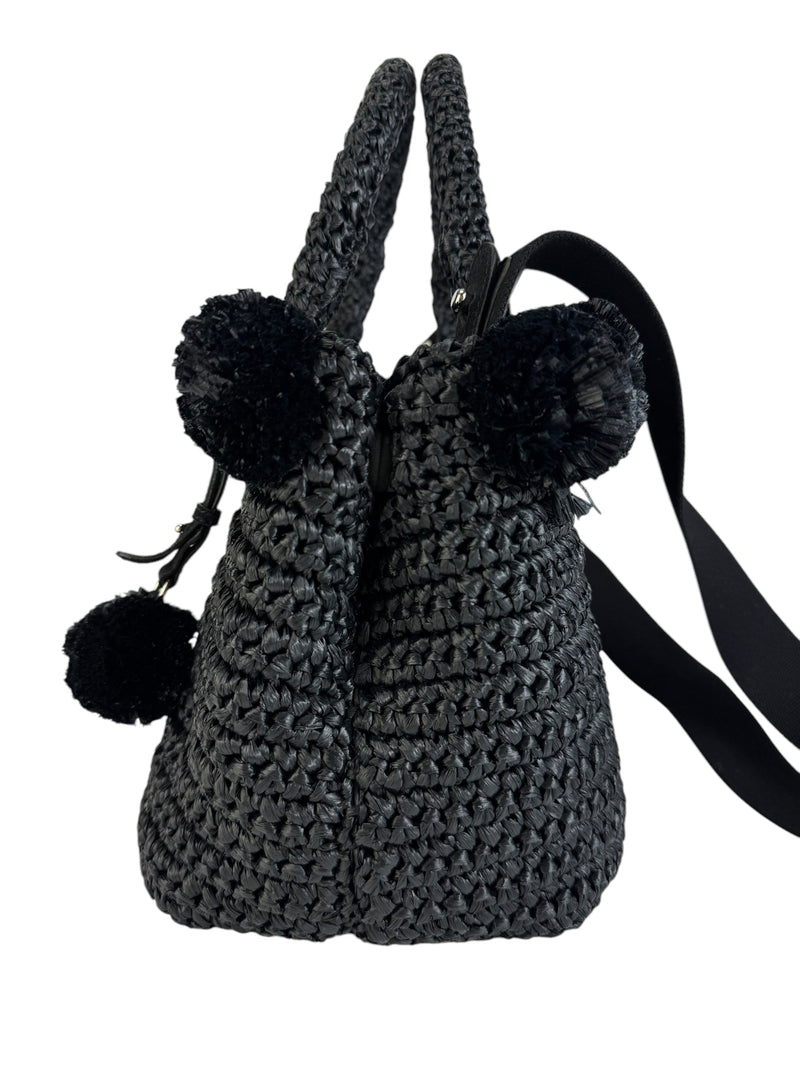 Prada Black Raffia Bag W/ Pom Poms and Strap